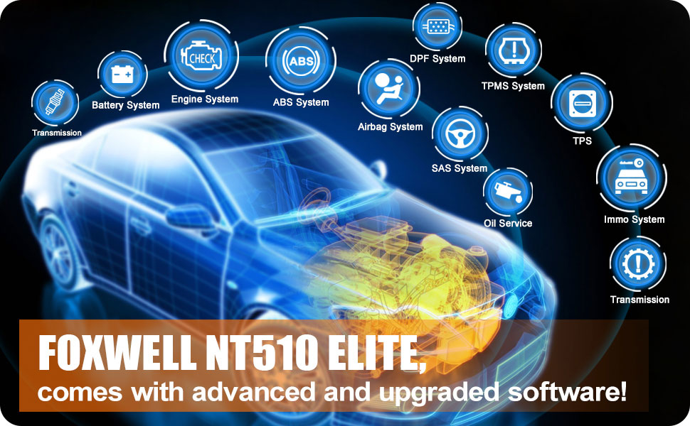Foxwell NT510 Elite Multi-System Scanner with 1 Free Car Software+OBD Service Reset Bi-Directional Active Test