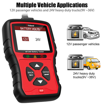 VIDENT iBT200 9V-36V Battery Tester for 12V Passenger Cars and 24V Heavy Duty Trucks 100 to 2000CCA Car Battery Analyzer